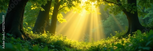 Golden light streams through leafy canopy, illuminating green undergrowth , environment, bright