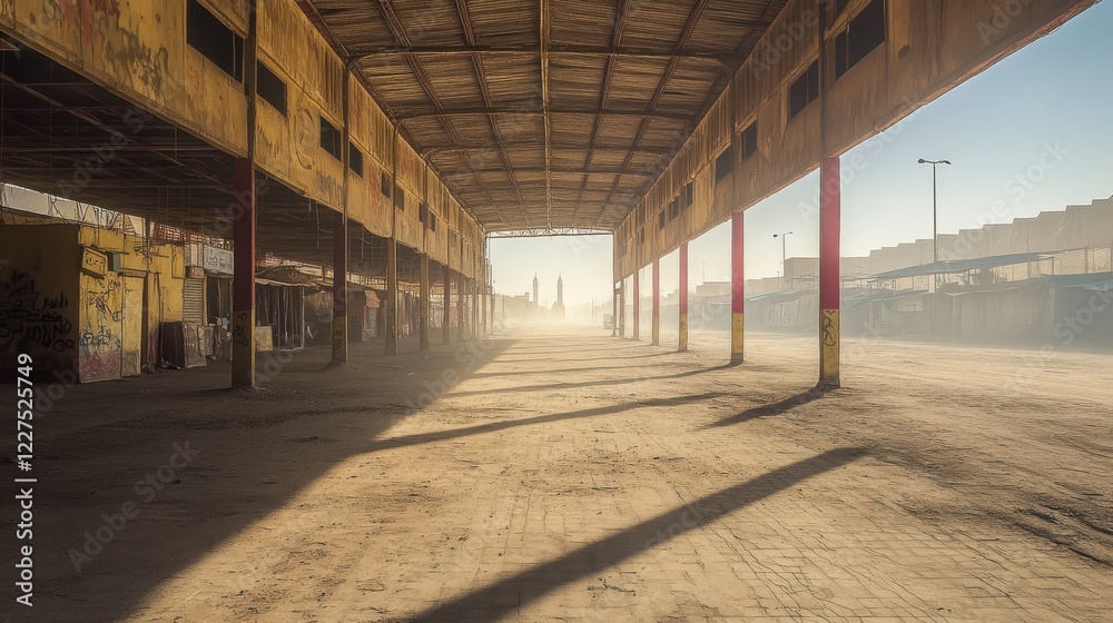 A dusty, abandoned warehouse interior bathed in soft light, featuring worn structures and long shadows, evoking a sense of desolation and nostalgia. A dusty, abandoned warehouse interior bathed in soft light, featuring worn structures and long shadows, evoking a sense of desolation and nostalgia.