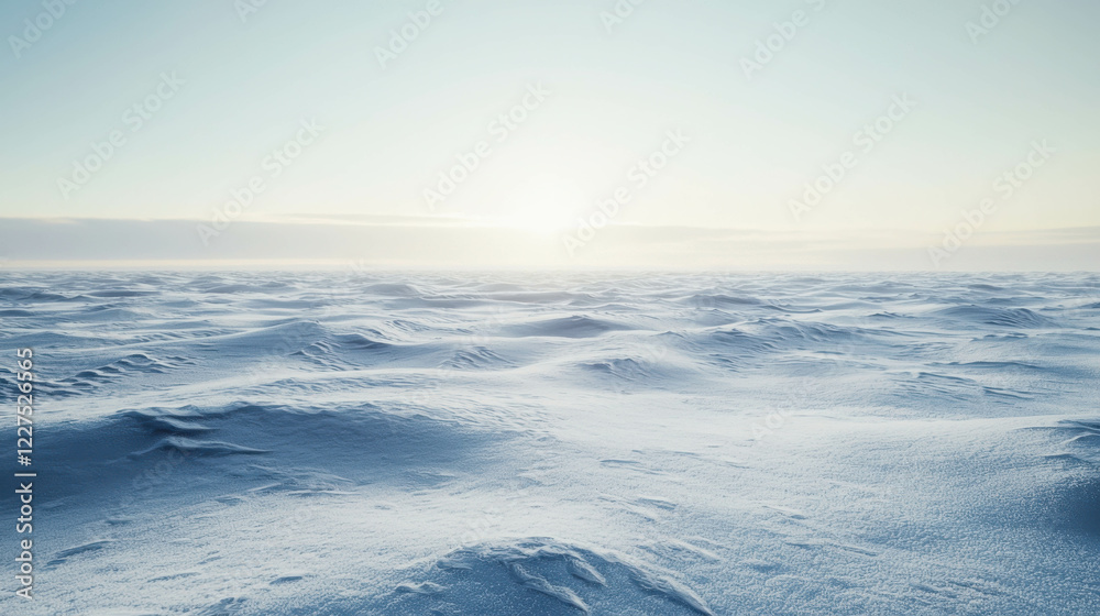 Vast Frozen Tundra Landscape with Smooth Snow-Covered Terrain Under Soft Morning Light Vast Frozen Tundra Landscape with Smooth Snow-Covered Terrain Under Soft Morning Light