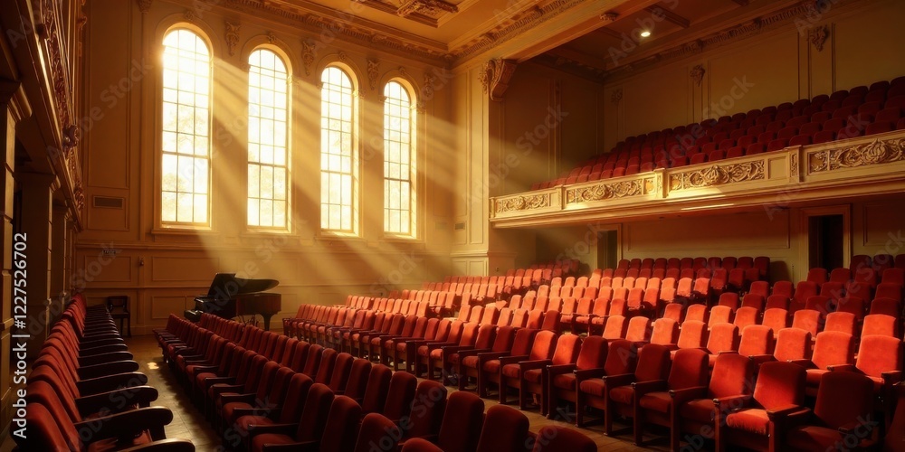 Naklejka premium Sunlit Auditorium with Rows of Empty Seats and a Piano