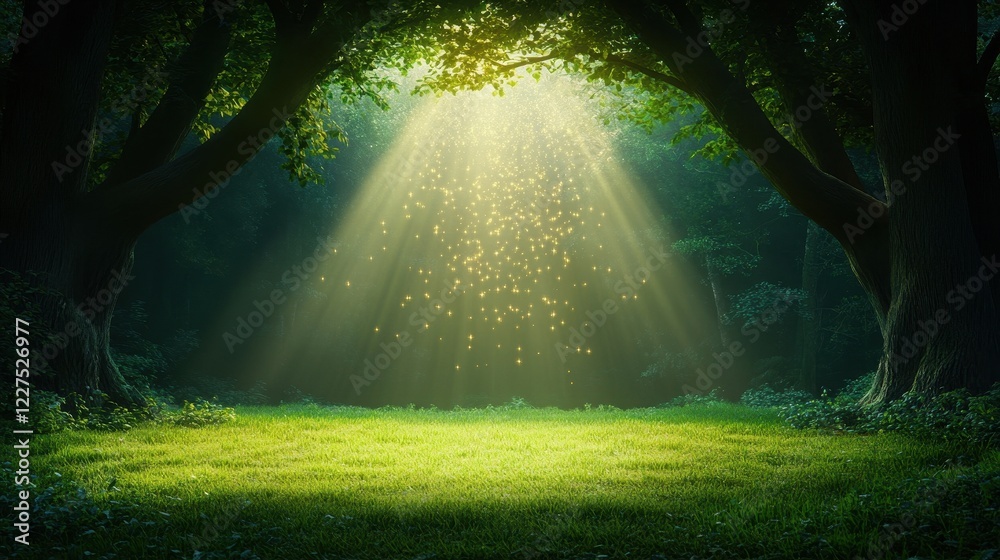 Fototapeta premium A serene forest scene illuminated by sunlight filtering through trees, creating a tranquil atmosphere with lush greenery and a peaceful ambiance.