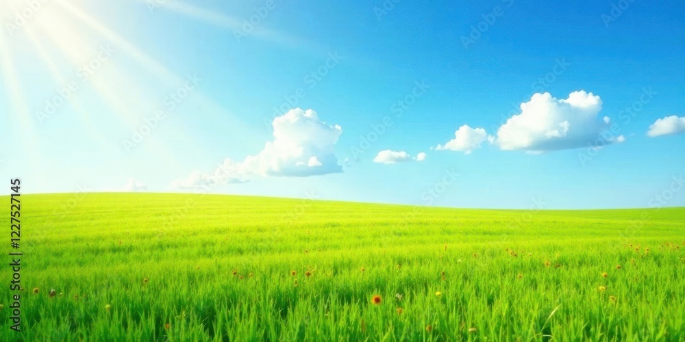 Serene Meadow Landscape Sunbeams Illuminate Vibrant Green Grass Under a Cloud-Dappled Sky Serene Meadow Landscape Sunbeams Illuminate Vibrant Green Grass Under a Cloud-Dappled Sky