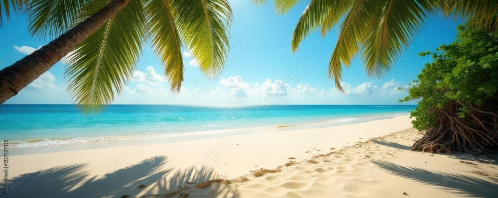 Obraz premium Shadowy palm fronds cast patterns on warm sand near tranquil ocean , heat, tropical