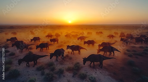 Rajasaurus narmadensis belonging the Abelisauridae family grazing on sparse desert vegetation during the Late Cretaceous period with sharp silhouettes under the orange glow of dusk photo