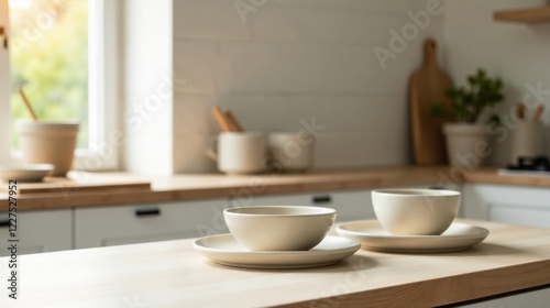 Wallpaper Mural Two Simple Cream-Colored Bowls Resting on Plates on a Light Wood Kitchen Countertop Torontodigital.ca