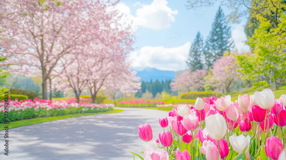 Fototapeta premium Bright spring day in a vibrant garden filled with blooming tulips and cherry blossom trees