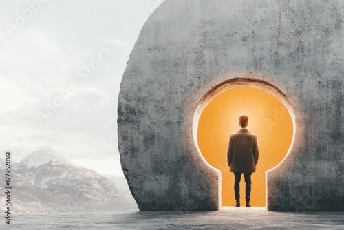 A simple illustration of a keyhole with a glowing lock icon and a faint silhouette of a person outside, symbolizing exclusion through inaccessibility