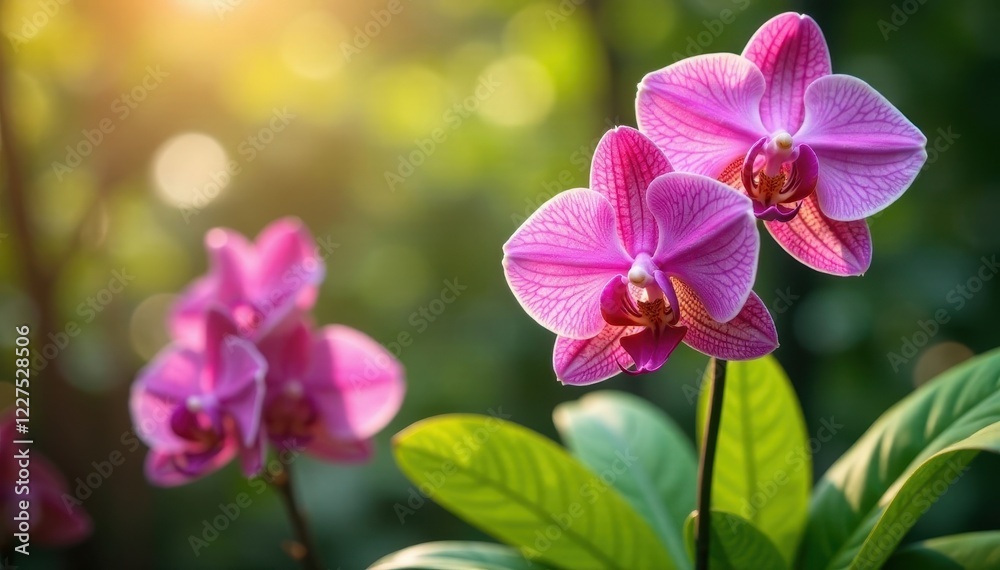 Orchid blooms rising above the foliage in a sunny garden, orchids, flowers, flower growth Orchid blooms rising above the foliage in a sunny garden, orchids, flowers, flower growth