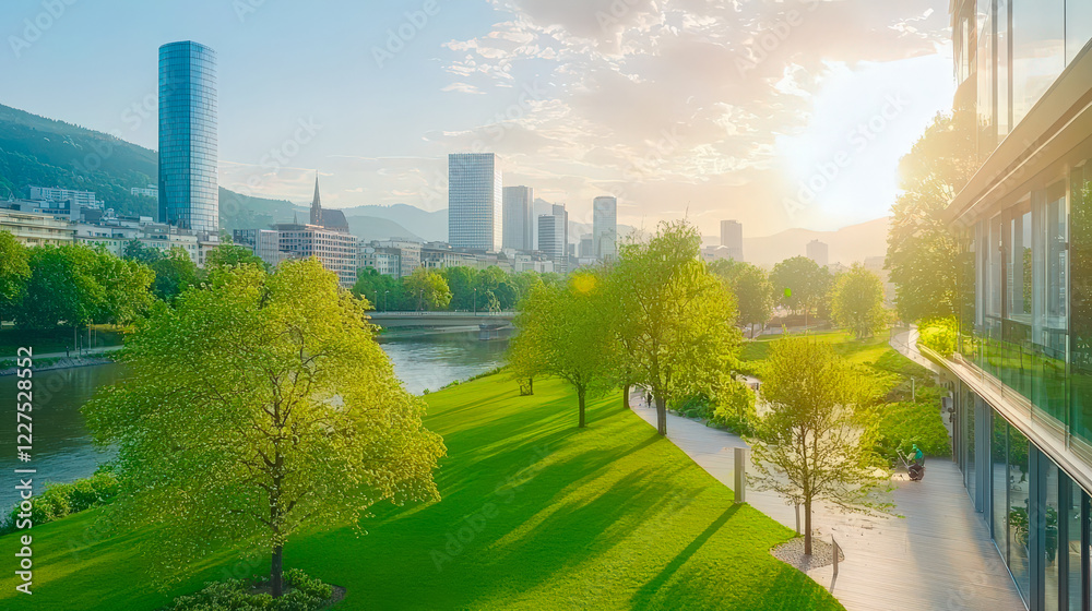 Fototapeta premium Sunset view over city park with green lawns and modern skyscrapers along the river