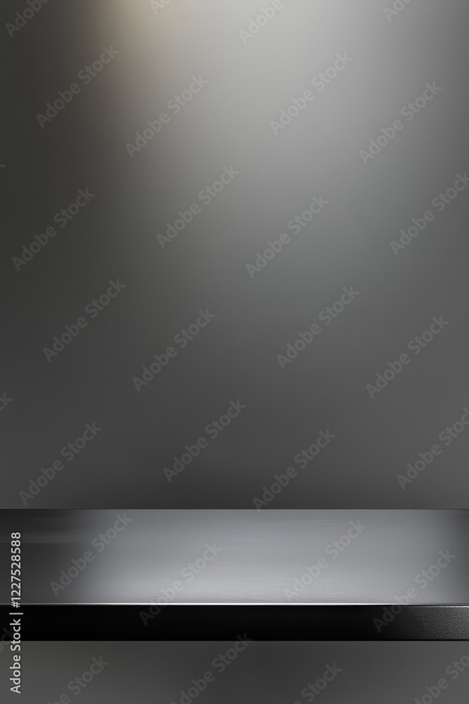 Realistic mockup of black steel countertop with empty shelf and spotlight Realistic mockup of black steel countertop with empty shelf and spotlight
