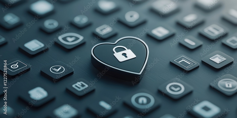 Security Heart concept. A heart-shaped icon with a padlock sits among various digital buttons, symbolizing love and security in technology. Security Heart concept. A heart-shaped icon with a padlock sits among various digital buttons, symbolizing love and security in technology.