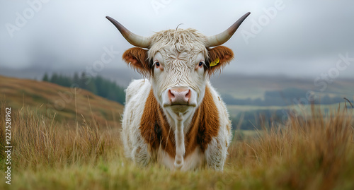 white and brown cow with horns standing in a grassy field, looking at the camera.