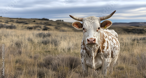 white and brown cow with horns standing in a grassy field, looking at the camera.