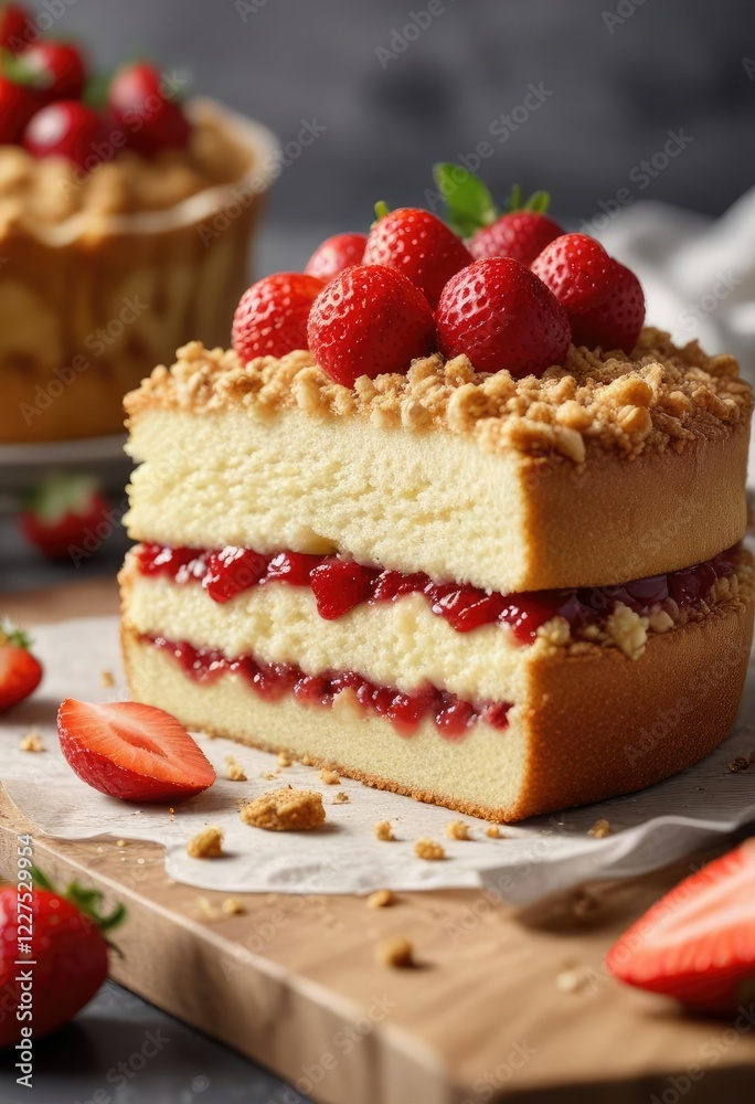 Side view of a strawberry-filled almond sponge cake with crumble topping, sweet treats, cake details , baked goods Side view of a strawberry-filled almond sponge cake with crumble topping, sweet treats, cake details , baked goods