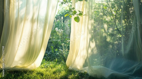 Flowing sheer curtains against a sunlit green garden, creating a calm and inviting ambiance, no people photo