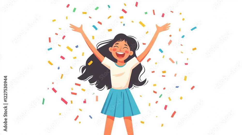 Cheerful young woman celebrate happiness in flat vector illustration Cheerful young woman celebrate happiness in flat vector illustration