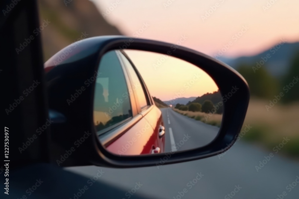 Close-up view of a car's rearview mirror reflecting blurred scenery, transportation, interior Close-up view of a car's rearview mirror reflecting blurred scenery, transportation, interior