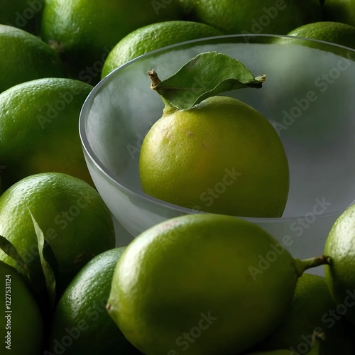 Fresh Lime in a Glass Bowl, Vibrant Green Citrus surrounded by Alot limes photo