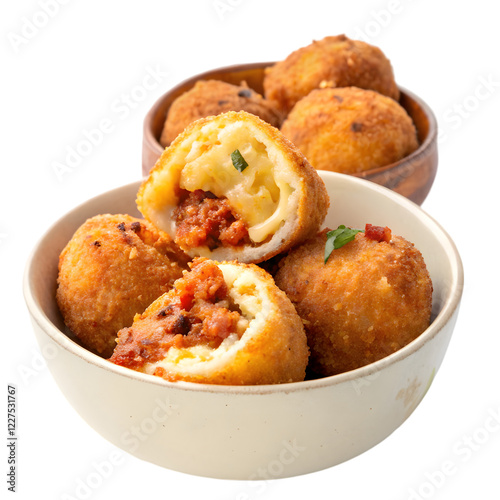 Crispy croquettes arrange on a white bowl