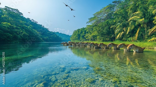 Parasaurolophus walkeri of Hadrosauridae family wading along a riverbank surrounded by greenery reflecting their Late Cretaceous crests in calm water photo