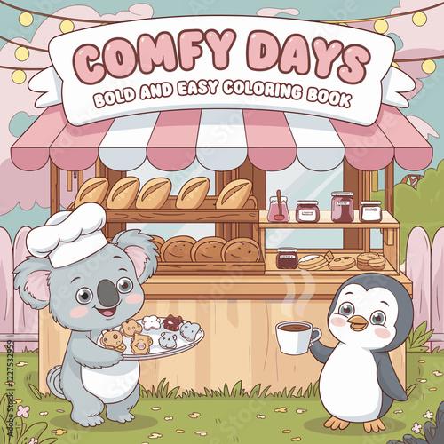 cute coloring book cover, cover, cute kids illustration, cartoon cover, cartoon illustration, kawaii coloring, easy and bold, kawaii cover, cozy, cozy cover, fuzzy, hygge, coloring pages, adult colori