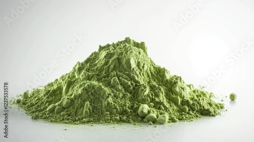 A vibrant pile of matcha powder, its bright green hue contrasting beautifully against a pristine white background, symbolizing health, nature, and vitality photo