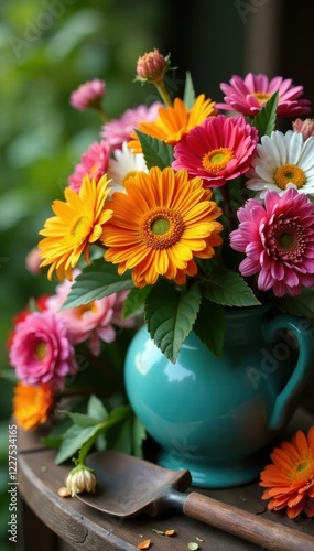 Wallpaper Mural Close-up colorful flower arrangement, vintage garden tools , texture, closeup Torontodigital.ca
