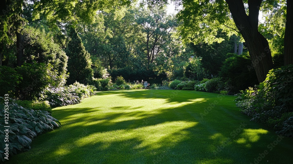 Naklejka premium Lush grass lawn with sunlight filtering through, creating a vibrant, fresh atmosphere, no people