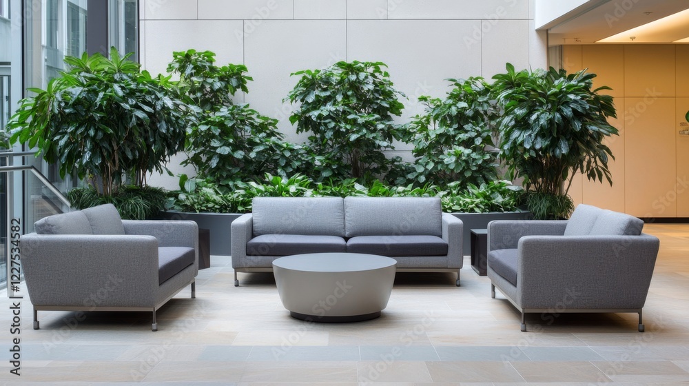 Fototapeta premium Modern Office Lobby with Lush Greenery and Comfortable Seating