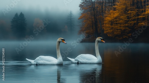 Two swans on misty lake at autumn.