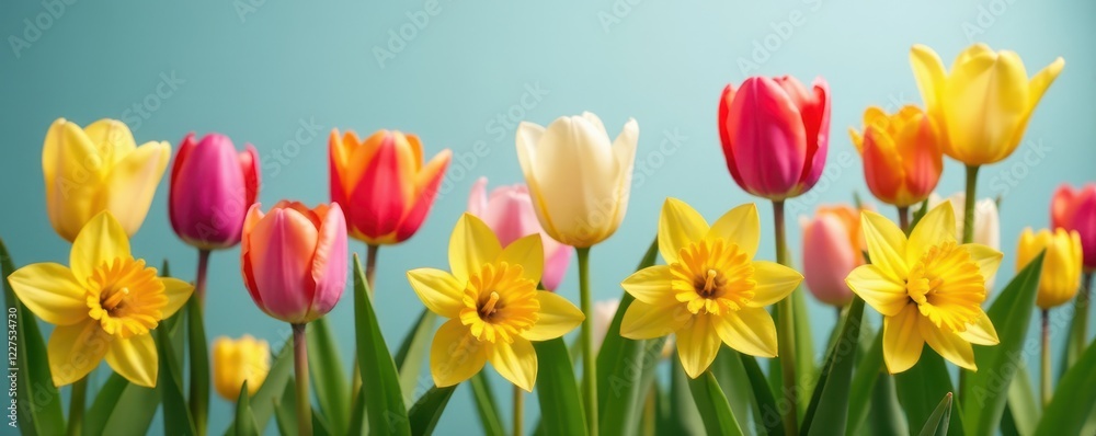 Fototapeta premium Delicate tulips & daffodils in vibrant spring colors , field, yellow