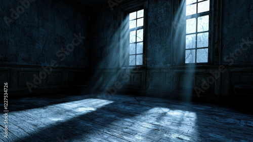 Moonlight Shining Through Windows in Abandoned Room with Dusty Floor and Faded Walls photo