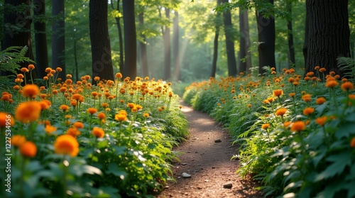 Fototapeta Naklejka Na Ścianę i Meble -  A charming forest path lined with vibrant wildflowers and ferns, leading deeper into the woods. 