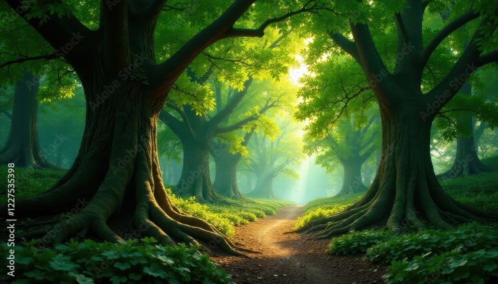 Naklejka premium Giant trees, tangled roots, dappled sunlight, abundant life, summer, forest