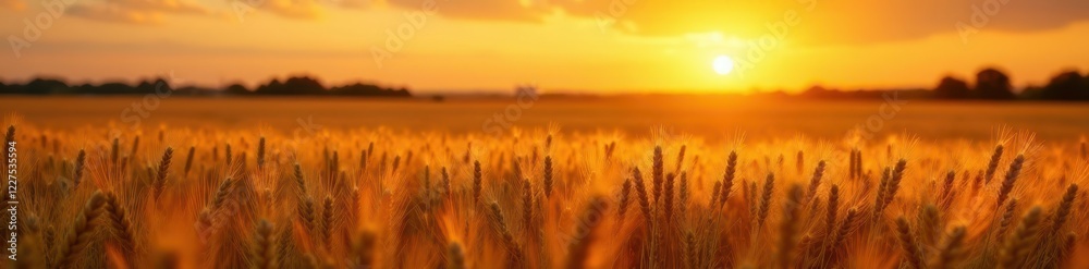 Fototapeta premium Golden wheat field at sunset, rural landscape, sun, image
