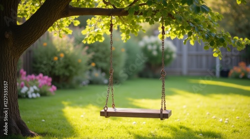 A charming swing hanging from a sturdy tree branch in a sunny yard, surrounded by vibrant green grass and colorful flowers. 