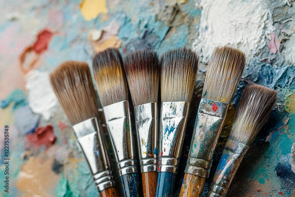 Fototapeta premium Generative AI image of painting brushes resting on a colorful textured artist canvas