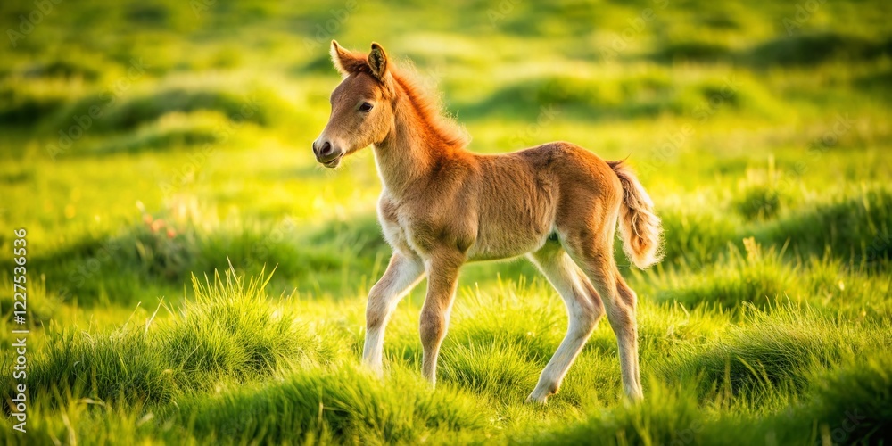 Adorable Brown Foal Grazing in Lush Green Pasture - Aerial View Adorable Brown Foal Grazing in Lush Green Pasture - Aerial View