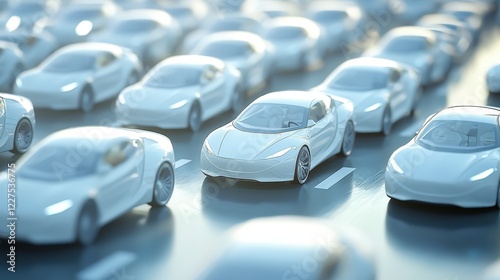 Futuristic White Cars in Traffic Jam Under Soft Blue Lighting