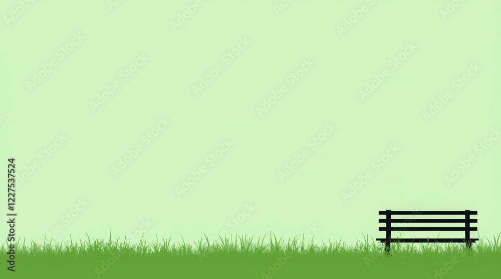 Fototapeta premium A minimalist depiction of a park bench in an open green space, emphasizing simplicity and tranquility. 