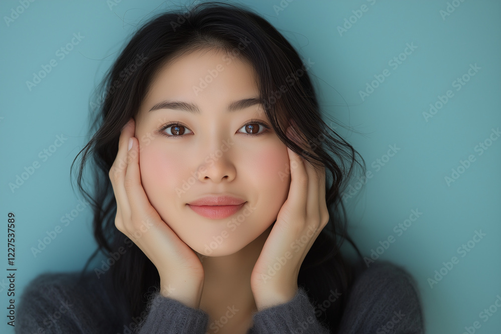 A radiant Asian woman in her late thirties smiles while gently touching her face with both hands against a light blue background. Captured in an advertising photography style, the image highlights. A radiant Asian woman in her late thirties smiles while gently touching her face with both hands against a light blue background. Captured in an advertising photography style, the image highlights.