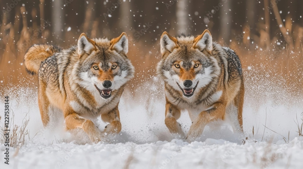 Naklejka premium Rival Wolves Circling in Snowy Forest Preparing to Strike