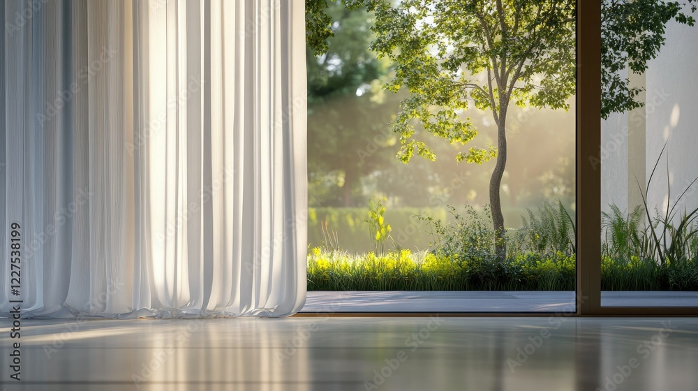 Fototapeta premium Minimalist window curtains with natural light illuminating a blurred green garden backdrop, no people