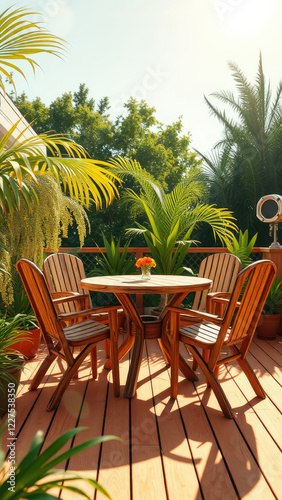 Retro style patio setup featuring wooden table and chairs on deck, brick wall background, rustic wooden furniture, throwback, historic