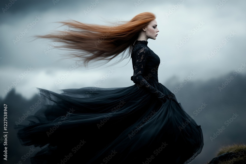 A woman standing at the edge of a cliff during a fierce windstorm, her dress and hair blowing dramatically A woman standing at the edge of a cliff during a fierce windstorm, her dress and hair blowing dramatically