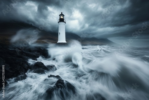 A white lighthouse standing tall on a rocky coastline under a stormy sky, symbolizing clarity and distinctiveness in chaos
