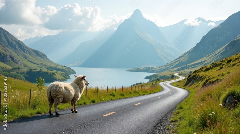 Obraz premium Serene mountain road journey with a lone sheep grazing peacefully near a tranquil lake