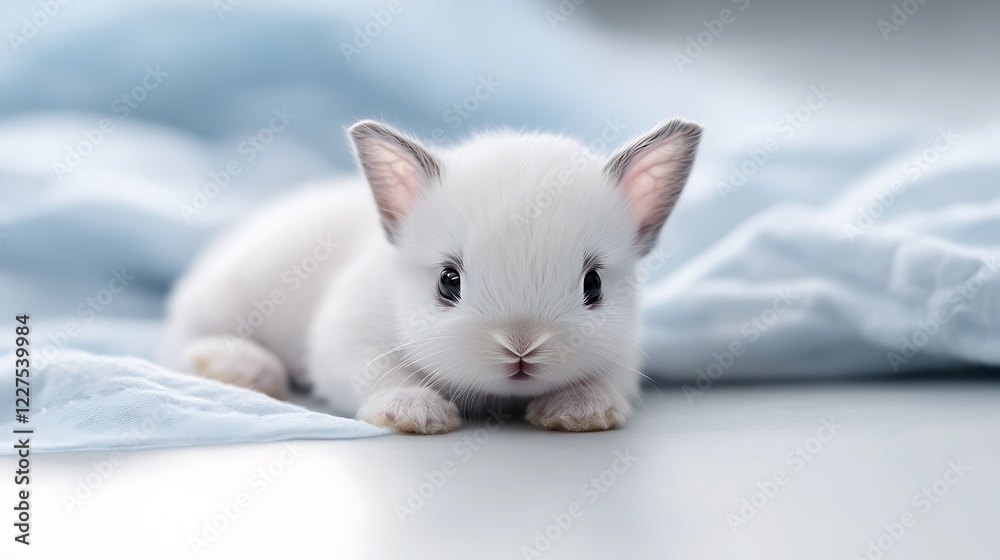 White bunny kit, soft blanket, studio, calm White bunny kit, soft blanket, studio, calm