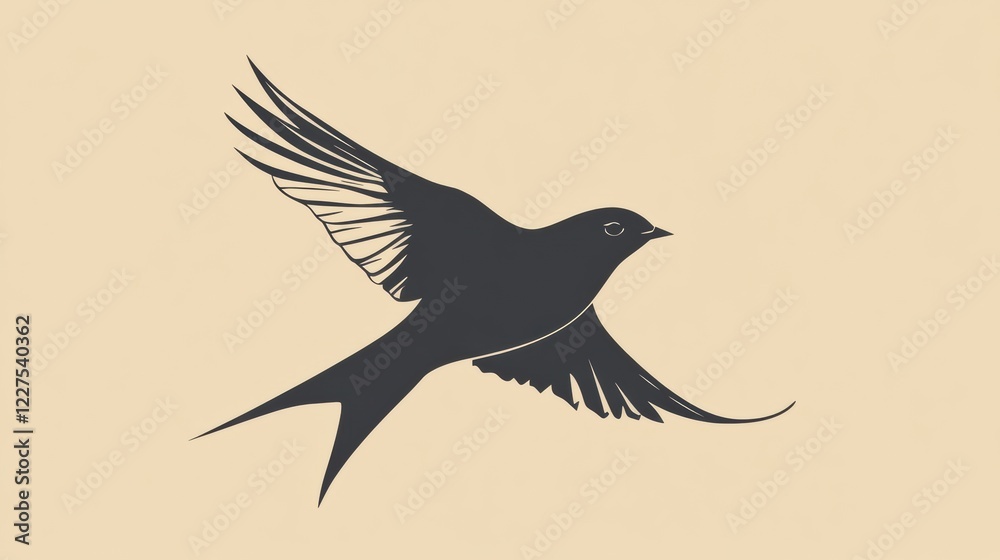 Fototapeta premium Elegant silhouette of a bird in flight against a plain background showcasing graceful wings and streamlined body shape. Generative AI