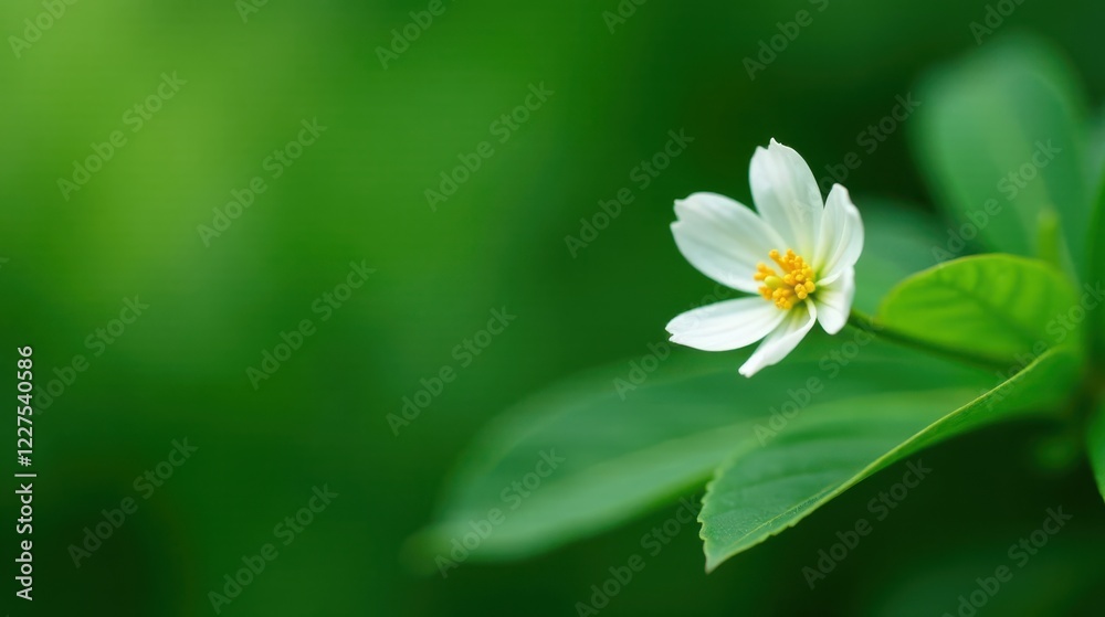 A Delicate White Flower with Yellow Center Against a Lush Green Background A Delicate White Flower with Yellow Center Against a Lush Green Background